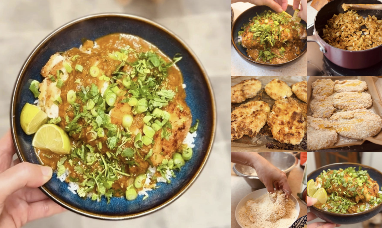 Homemade chicken katsu curry with rice and spring onion